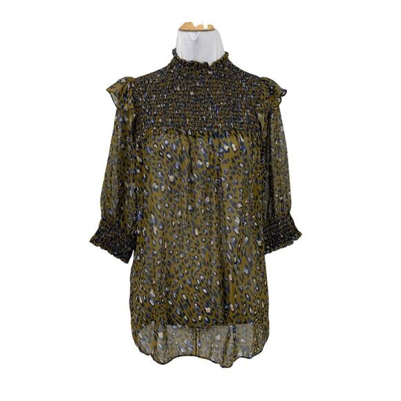 Cotton Chicks Blouse Womens S Small Multi Semi Sheer Smocked Puff Sleeve Leopard - Picture 1 of 14